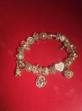 Gold Euro Bead Charm Bracelet Feminine Heart & Rose Charms Office To Date Night